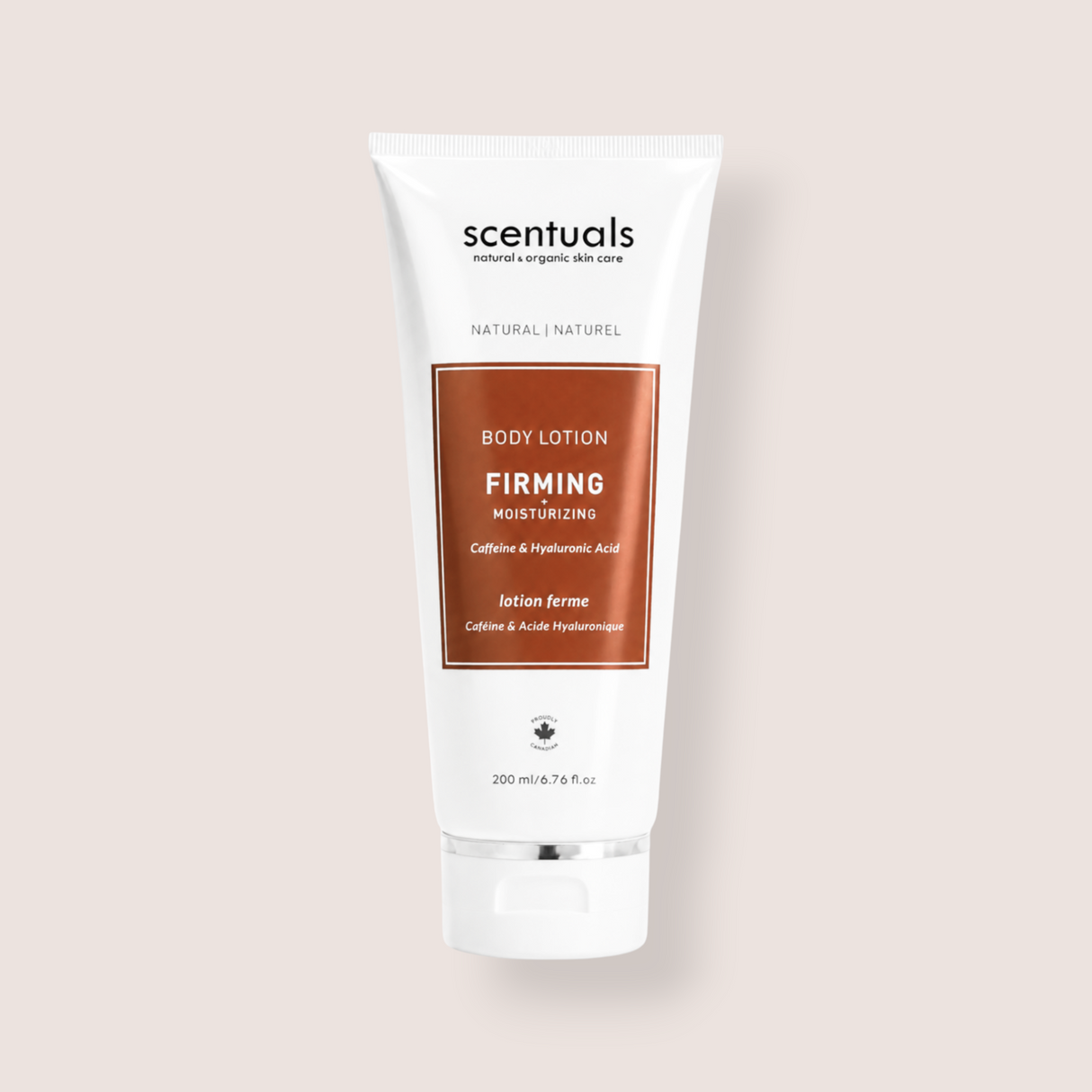 A white squeeze tube of Scentuals Firming Moisturizing Body Lotion with a metallic copper-brown label, centered on a light beige background.