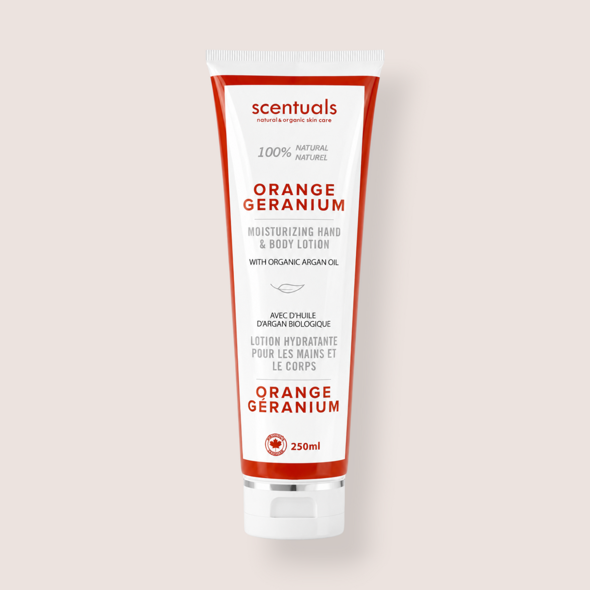 A 250ml squeeze tube of scentuals Orange Geranium Moisturizing Hand & Body Lotion, featuring a white tube with bold red and black text, set against a solid light beige background.