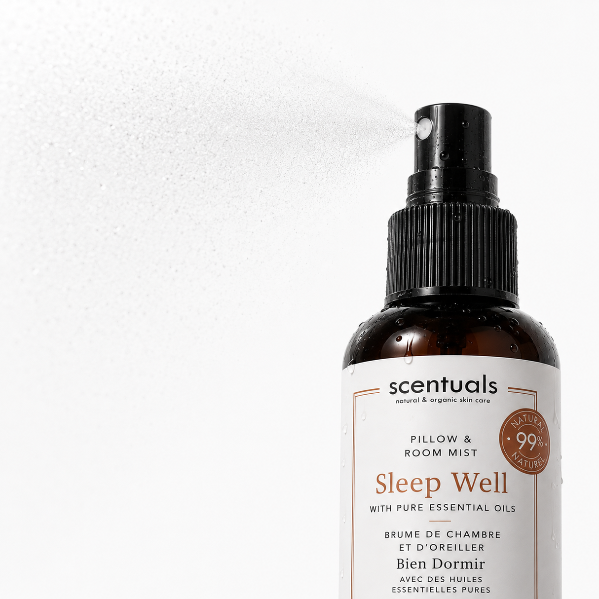 A bottle of Scentuals Sleep Well Pillow & Room Mist with a black spray nozzle and white label, shown with mist spraying from the top against a white background.