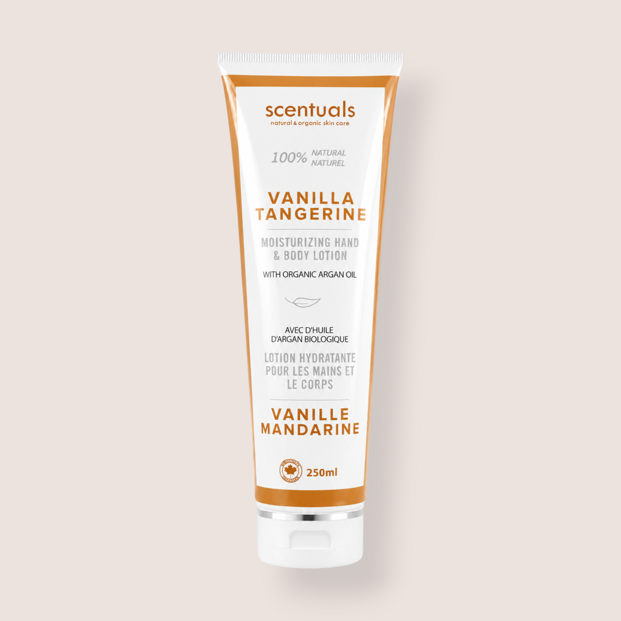 A 250ml squeeze tube of scentuals Vanilla Tangerine moisturizing hand and body lotion, shown against a solid light beige background.