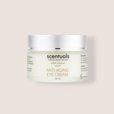 A jar of Scentuals Anti-Aging Eye Cream on a solid pale beige background.