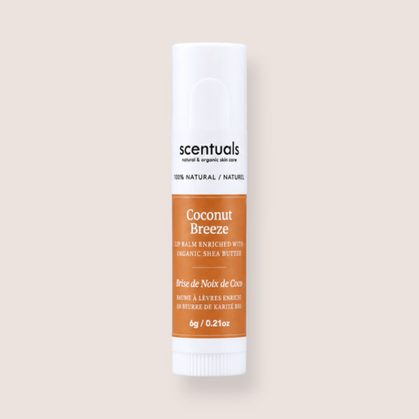 A single tube of Scentuals Coconut Breeze lip balm on a solid light beige background. The tube is white with a prominent orange-brown label and black text.