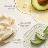 Three skincare ingredients arranged on a light cream background with text labels: avocado oil at the top right, shea butter at the bottom left, and aloe vera slices at the bottom right. No person, animal, or real environment is present, so this is Product/Packaging rather than Lifestyle.