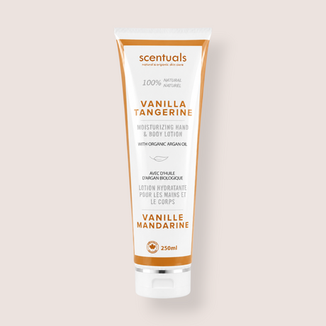A 250ml squeeze tube of scentuals Vanilla Tangerine moisturizing hand and body lotion, shown against a solid light beige background.